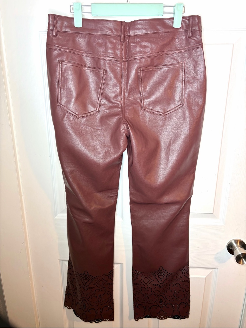 Anthropologie Laser Cut Faux Leather Novelty Slim Flare Pants Burgundy 8 NWT - Picture 11 of 13